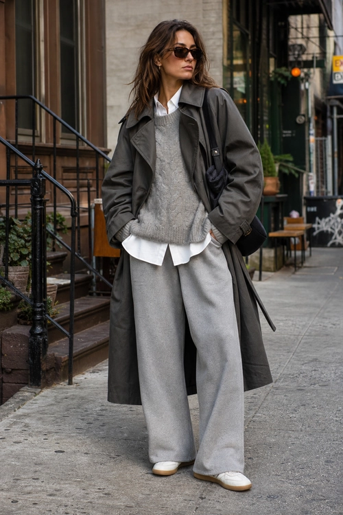 A layered gray outfit featuring a collared shirt, knit sweater, wide-leg trousers, dark outerwear, sunglasses, and white sneakers.