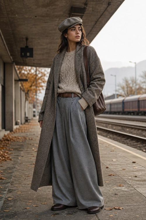 Gray Layered Commuter Look A woman wears a gray flat cap, long textured coat, cable-knit sweater, wide-leg trousers, brown belt, shoulder bag, and dark shoes on a train platform.