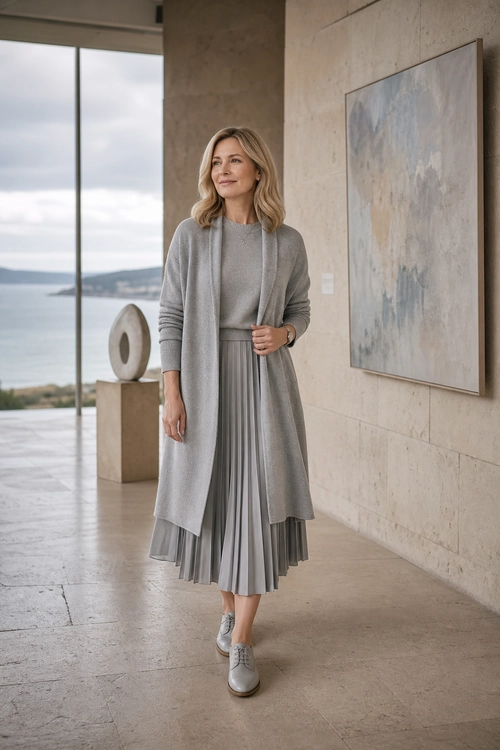 A gray knit top and long cardigan are styled with a pleated midi skirt and gray lace-up shoes.