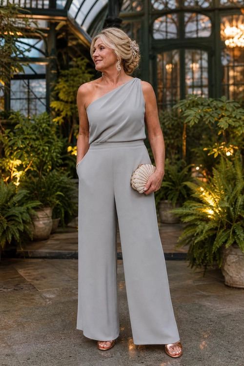 Gray One-Shoulder Wide-Leg Jumpsuit Woman wearing a light gray one-shoulder wide-leg jumpsuit with a shell-shaped clutch and strappy sandals.