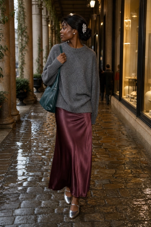 Gray Sweater and Burgundy Satin Skirt Outfit A woman wears a gray knit sweater with a burgundy satin midi skirt, teal shoulder bag, metallic pointed shoes, and a decorative hair clip.