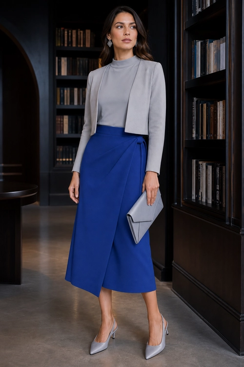 Gray Top and Blue Wrap Skirt Woman wearing a gray high-neck top, cropped jacket, blue wrap midi skirt, pointed heels, and carrying a gray clutch.