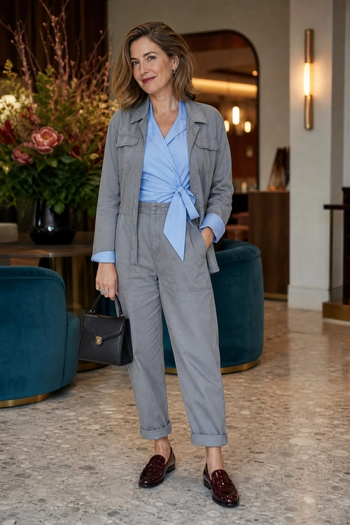 Woman wearing a gray utility jacket and cuffed trousers with a light blue wrap blouse, burgundy loafers, and a black top-handle bag.