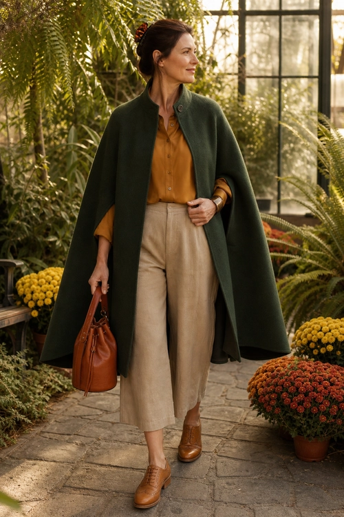 Green Cape and Mustard Shirt Outfit A woman wears a dark green cape over a mustard button-up shirt, beige cropped trousers, and brown leather shoes while carrying a matching brown handbag.