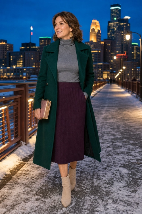 A woman wears a dark green long coat over a gray turtleneck and burgundy midi skirt with beige ankle boots on a snowy city walkway.