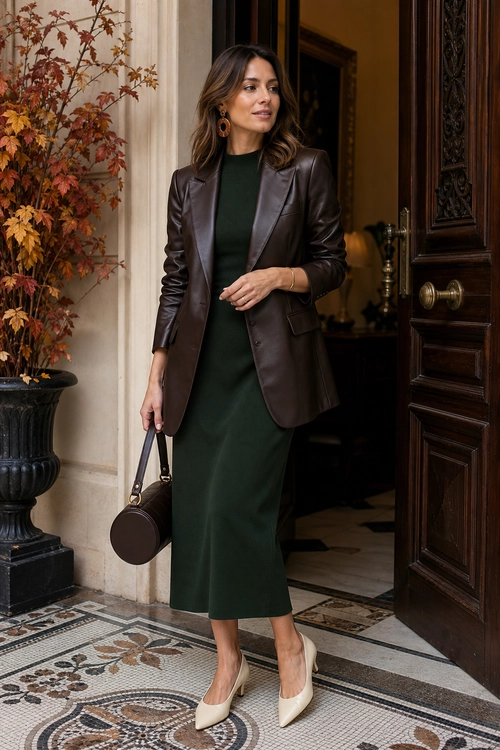 A woman wears a dark green midi dress with a brown leather blazer, cream pointed-toe pumps, and a round brown handbag.