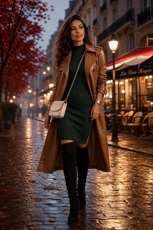 Green Dress and Leather Trench Outfit A woman wears a dark green ribbed mini dress with a brown leather trench coat, black over-the-knee boots, and a beige crossbody bag.