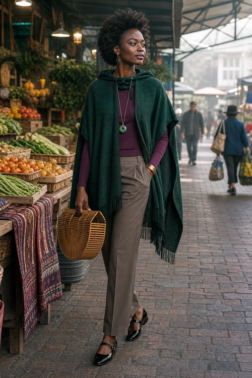 A woman wears a dark green hooded cape over a burgundy top and taupe trousers with black strapped shoes and carries a round woven handbag at an outdoor market.