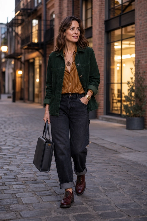 Green Jacket and Cuffed Jeans Outfit A woman wears a dark green jacket over a striped mustard shirt with cuffed dark jeans and burgundy ankle boots.