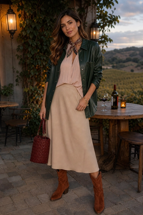 Green Leather Jacket and Midi Skirt Outfit A woman wears a dark green leather jacket over a blush pink blouse with a neck scarf, beige midi skirt, brown knee-high boots, and a burgundy woven tote.