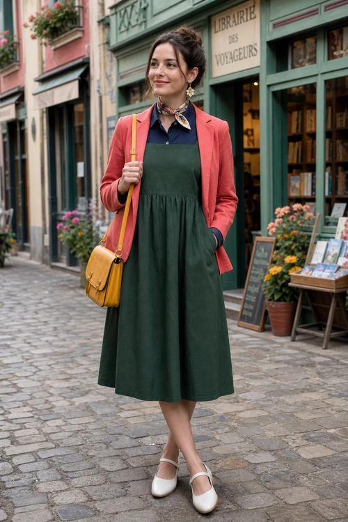 Green Midi Dress with Coral Blazer Woman wearing a dark green midi dress over a navy shirt with a coral blazer, mustard shoulder bag, neck scarf, and white Mary Jane shoes.