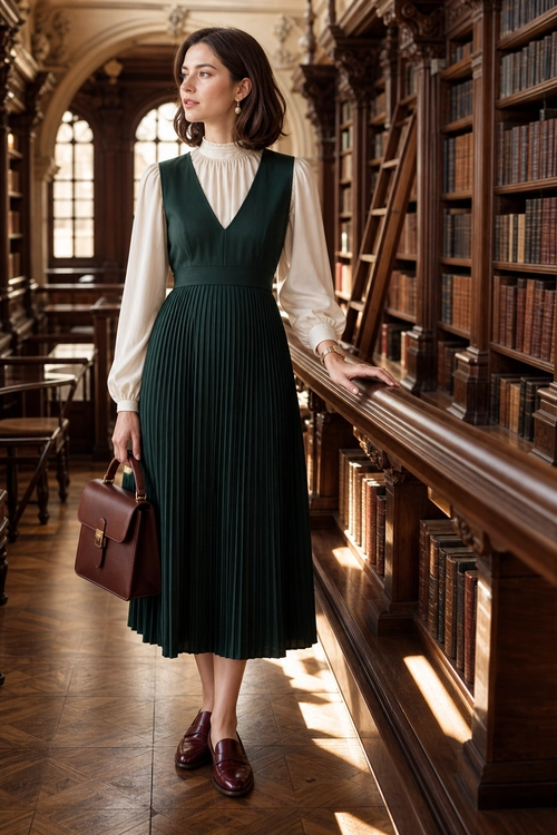 A woman wears a dark green pleated midi dress over a cream high-neck blouse with burgundy loafers and a structured handbag.