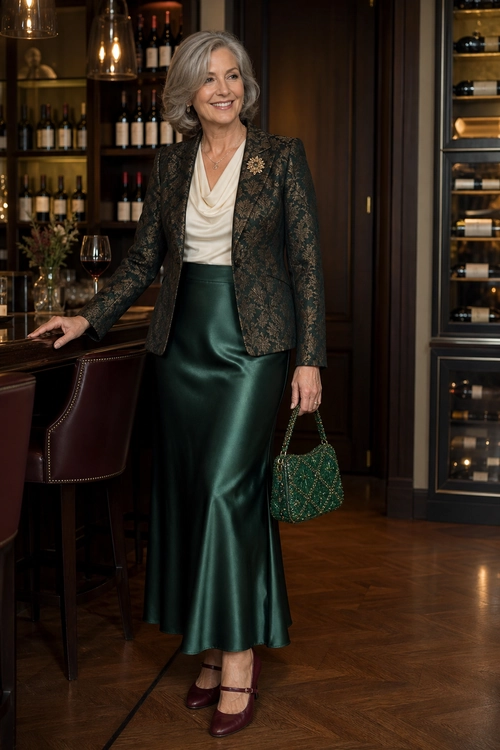 Elegant Green Satin Skirt Outfit A woman wears a patterned blazer over a cream draped blouse with a dark green satin skirt, burgundy Mary Jane shoes, and a green beaded handbag.