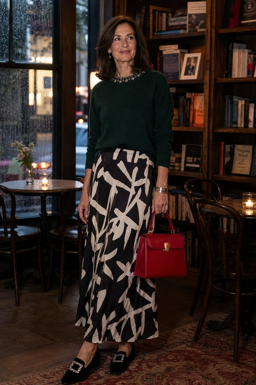 Woman wearing a dark green sweater with a black-and-cream abstract print skirt, black embellished loafers, and a red structured handbag.