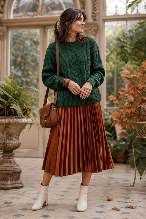 Green Sweater and Pleated Skirt Outfit A woman wears a dark green cable-knit sweater with a rust pleated midi skirt, brown crossbody bag, and cream ankle boots.