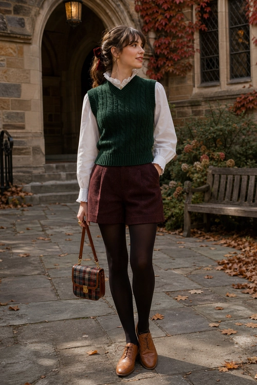A woman wears a green cable-knit sweater vest over a white blouse with burgundy shorts, black tights, brown ankle boots, and a plaid handbag.