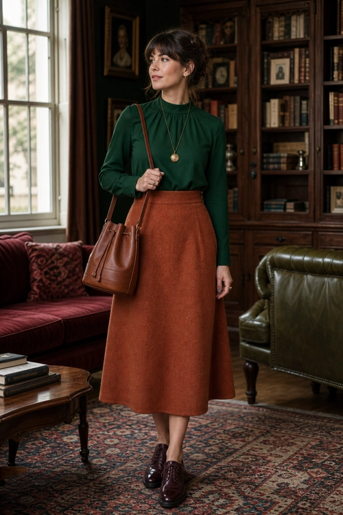 Green Top and Rust Midi Skirt Outfit A woman wears a dark green long-sleeve top with a rust midi skirt, brown leather shoulder bag, pendant necklace, and dark lace-up shoes.
