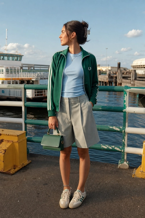 A person wears a green striped track jacket over a pale blue top with gray tailored shorts, sneakers, and a green handbag by the waterfront.