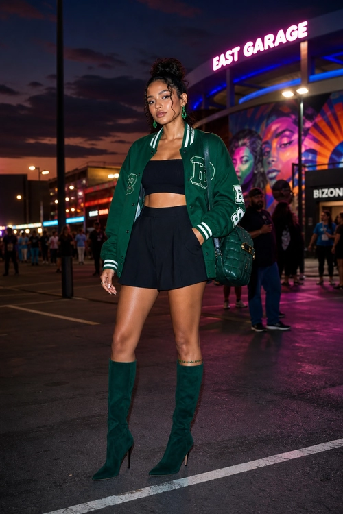 A fashion look featuring a green varsity jacket, black bandeau top, black mini skirt, green knee-high heeled boots, and a quilted green shoulder bag.