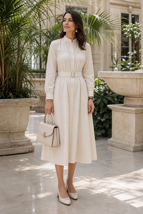 A woman wears an ivory long-sleeve belted midi dress with matching pointed-toe pumps and a structured handbag.