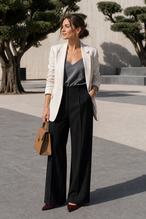 Ivory Blazer and Black Trousers Outfit A woman wears an ivory blazer over a gray satin camisole with black wide-leg trousers, burgundy pointed-toe heels, and a tan handbag.
