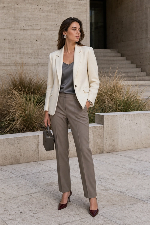 Ivory Blazer and Tailored Trousers A woman wears an ivory blazer over a dark gray camisole with taupe tailored trousers, burgundy pointed heels, and a structured handbag.