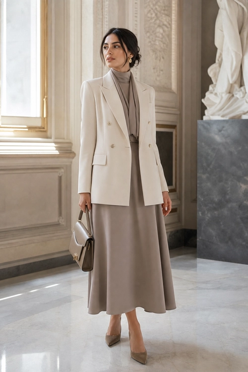 Ivory Blazer with Taupe Midi Dress Woman wearing an ivory double-breasted blazer over a taupe high-neck midi dress with matching pumps and a structured handbag.