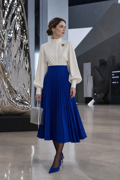 A woman wears an ivory high-neck blouse with a brooch, a royal blue pleated midi skirt, polka-dot tights, blue pointed heels, and carries a silver handbag.