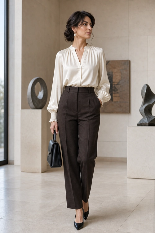 Ivory Blouse and Brown Tailored Trousers A woman wears an ivory long-sleeve blouse with dark brown high-waisted tailored trousers, black pointed shoes, pearl earrings, and a structured black handbag.