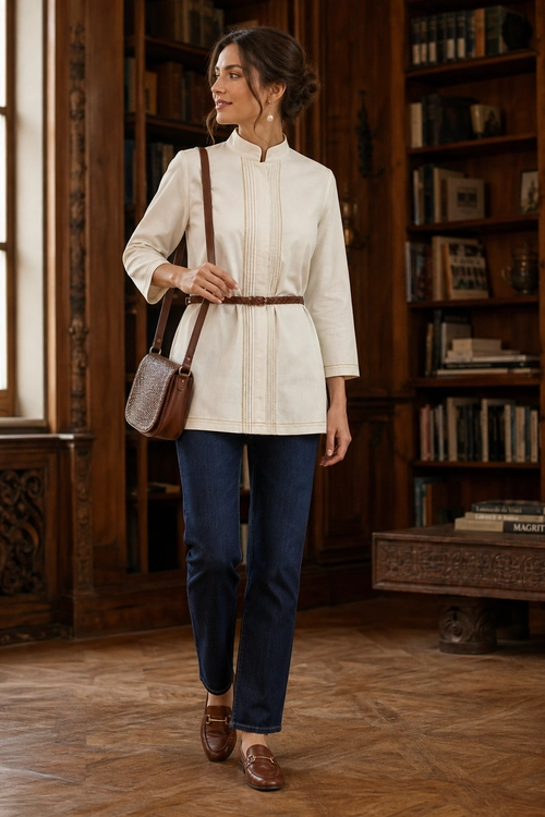 Ivory Blouse with Dark Denim A woman wears an ivory high-neck blouse with dark blue jeans, a brown leather belt, crossbody bag, and loafers.