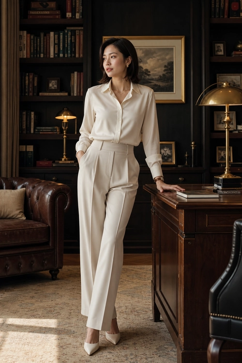 Ivory Blouse and Tailored Trousers A woman wears an ivory button-front blouse with high-waisted tailored trousers and pointed heels.