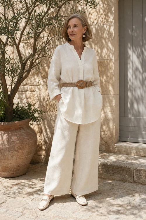 Ivory Blouse and Wide-Leg Trousers A woman wears an ivory long-sleeve blouse with wide-leg trousers, a woven brown belt, and cream loafers.