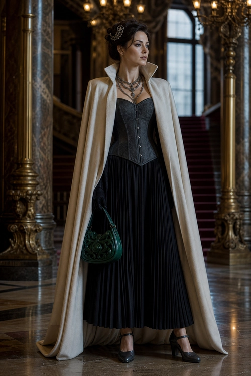 Ivory Cape and Black Pleated Skirt Outfit A woman wears an ivory cape over a dark corset-style top and black pleated skirt, styled with a green handbag and black strap shoes.