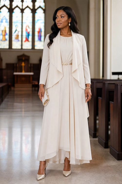Elegant Ivory Draped Dress A woman wears an ivory flowing dress with a draped jacket, slim belt, pointed heels, and a small clutch.