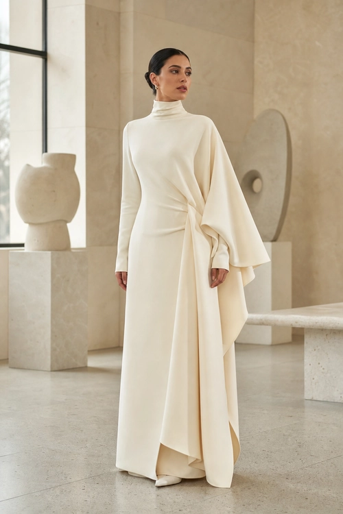 Ivory Draped Maxi Dress A model wears an ivory high-neck maxi dress with long sleeves, a sculptural waist drape, and a flowing asymmetrical skirt.