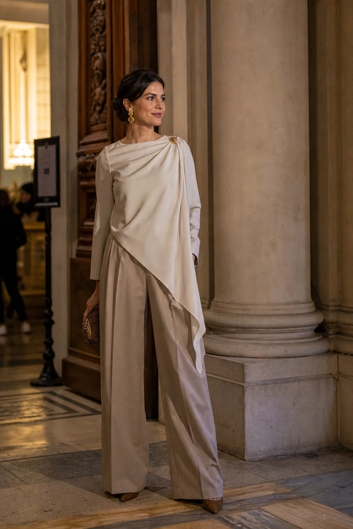 A woman wears an ivory asymmetrical draped top with wide-leg trousers, pointed heels, gold earrings, and a small beaded clutch.