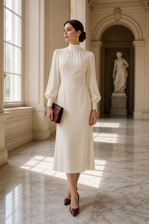 Ivory High-Neck Midi Dress A woman wears an ivory high-neck midi dress with long sleeves, burgundy pointed-toe heels, and a matching clutch.