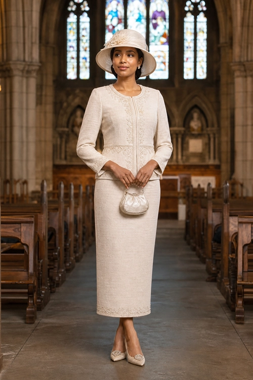 Elegant Ivory Midi Dress Look A woman wears an ivory long-sleeved midi dress with a matching wide-brim hat, small clutch, and pointed flats.