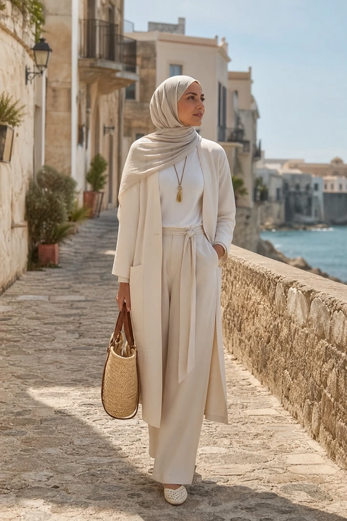 A woman wears an ivory hijab, long open coat, white top, wide-leg trousers, woven tote, and light slip-on shoes while walking beside the coast.