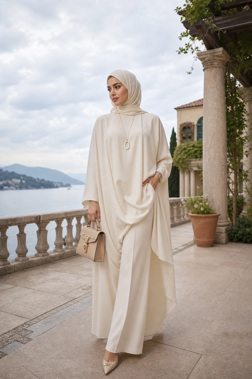 Elegant Ivory Modest Look A woman wearing a flowing ivory outfit with a matching hijab, pendant necklace, structured handbag, and pointed heels.