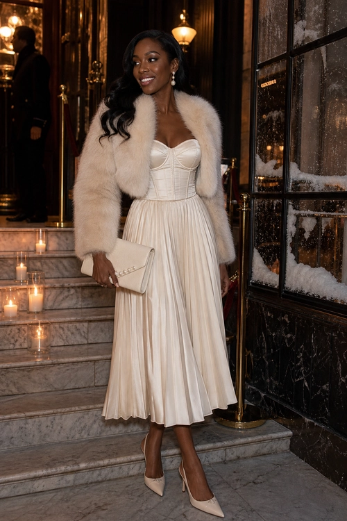 Ivory Pleated Dress with Fur Jacket Woman wearing an ivory pleated midi dress with a fitted bodice, cropped fur-textured jacket, clutch, and pointed-toe heels.