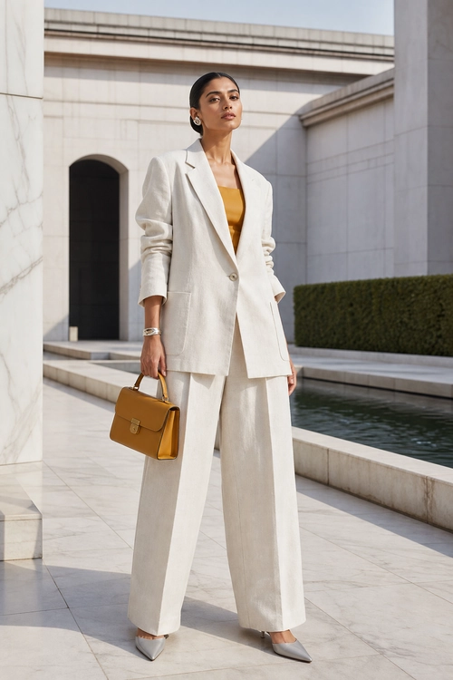 Ivory Suit with Mustard Top A woman wears an ivory blazer and wide-leg trousers with a mustard top, pointed shoes, and a structured tan handbag.