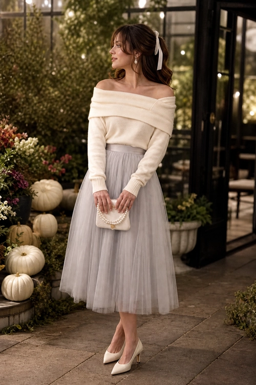 An ivory off-shoulder sweater paired with a gray tulle midi skirt, pointed heels, and a pearl-trimmed clutch.