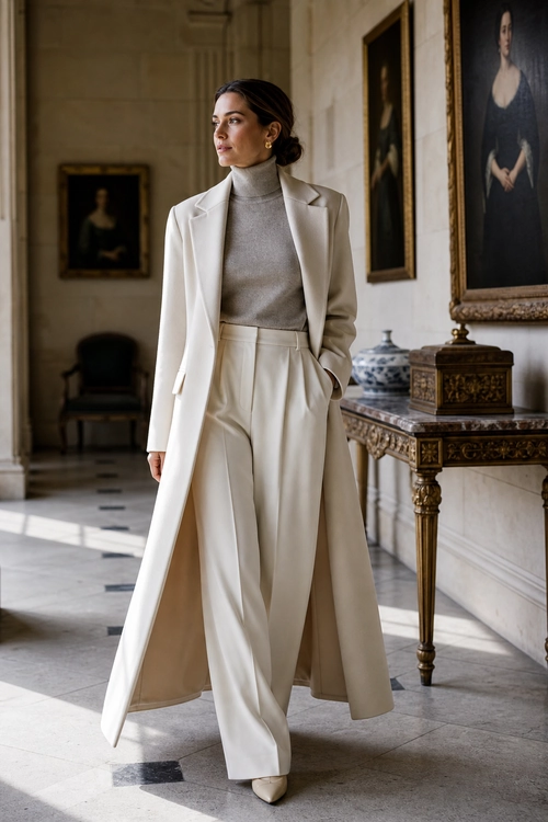 Ivory Tailored Coat and Trousers A woman wears an ivory long tailored coat over a gray turtleneck with high-waisted wide-leg trousers and pointed-toe shoes.