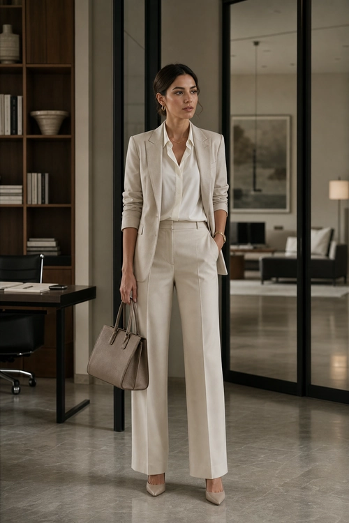 Ivory Tailored Office Look Woman wearing an ivory blazer, white blouse, wide-leg trousers, pointed-toe pumps, and carrying a structured taupe tote.