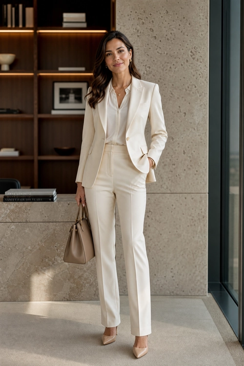 Ivory Tailored Suit Outfit Woman wearing an ivory blazer, matching tailored trousers, a light blouse, nude pointed-toe pumps, and carrying a taupe handbag.