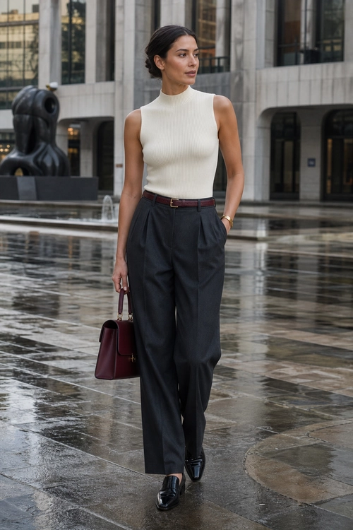 Ivory Top and Tailored Trousers A woman wears an ivory sleeveless ribbed top with charcoal tailored trousers, black loafers, and a burgundy handbag.
