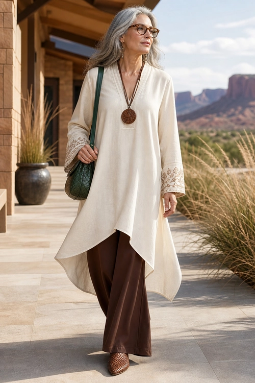 Ivory Tunic and Brown Wide-Leg Pants An ivory embroidered-cuff tunic with an asymmetric hem is styled with brown wide-leg pants, woven shoes, a dark green shoulder bag, and a pendant necklace.