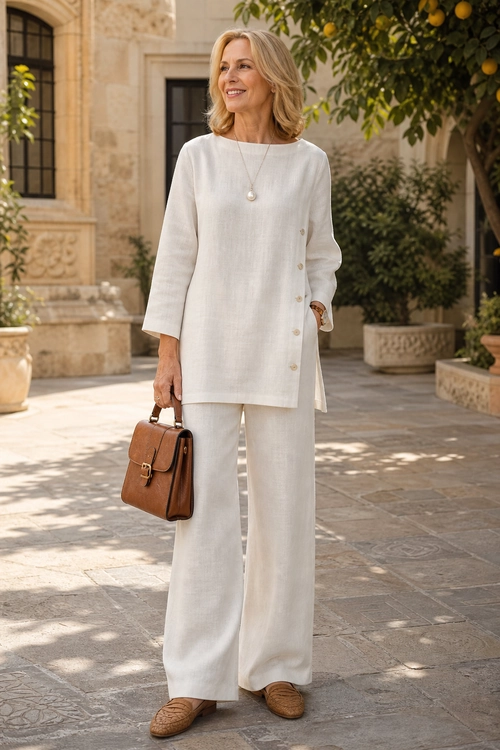 Ivory Tunic and Wide-Leg Trousers Woman wearing an ivory long-sleeve tunic with wide-leg trousers, brown woven loafers, a pendant necklace, and a structured brown handbag.