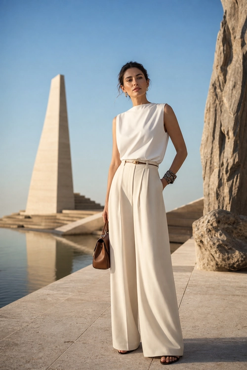 Ivory Wide-Leg Outfit Woman wearing an ivory sleeveless top and wide-leg trousers with a slim belt, brown handbag, bracelets, and sandals.